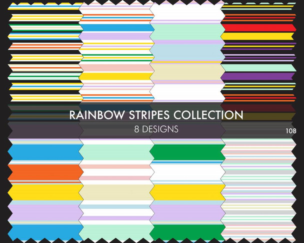 Rainbow striped collezione di modelli senza cuciture comprende 8 campioni di design per tessuti di moda, grafica - Vettoriali, immagini