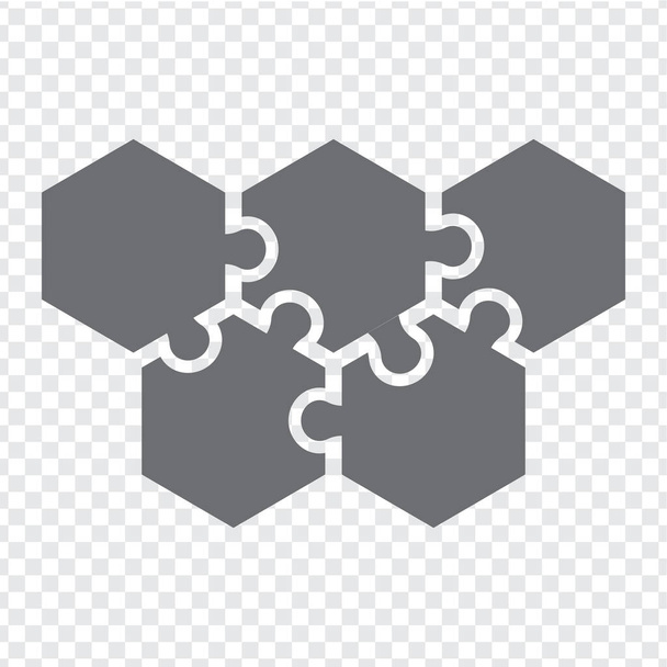 Jednoduchá ikona šestiúhelníkové skládačky v šedé. Jednoduchá ikona skládačky pěti prvků na průhledném pozadí pro váš web design, logo, app, UI. EPS10. - Vektor, obrázek