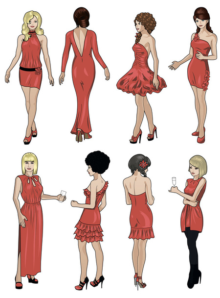 Caucasian ladies in cocktail dresses - Vector, Image