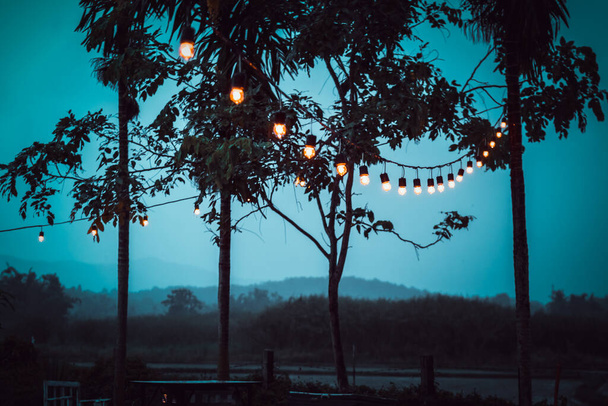 Vintage árnyalatú kép a villanykörte lóg a kertben a fesztiválon, amíg esik. Az emberek lemondják a bulit.. - Fotó, kép