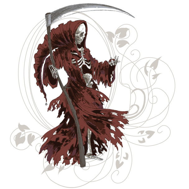 Grim reaper σε κόκκινο μανδύα με δρεπάνι - Διάνυσμα, εικόνα