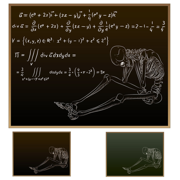 Esqueleto no quadro negro da escola com equações matemáticas superiores
 - Vetor, Imagem