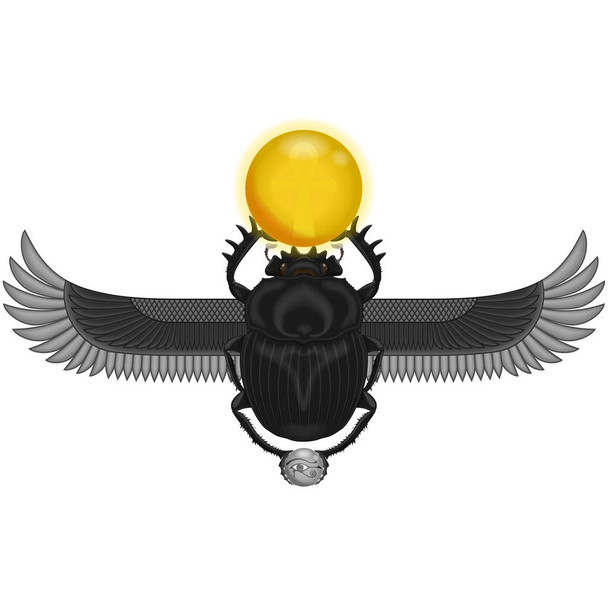 Ancient Egyptian iconography, Winged scarab with symbol of the eye of horus and ankh cross, dung beetle from Egyptian mythology - Vector, Image