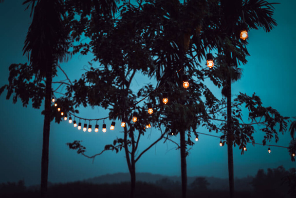 Vintage tón obrazu žárovky visí v zahradě na festivalu, zatímco prší. Lidé ruší párty.. - Fotografie, Obrázek