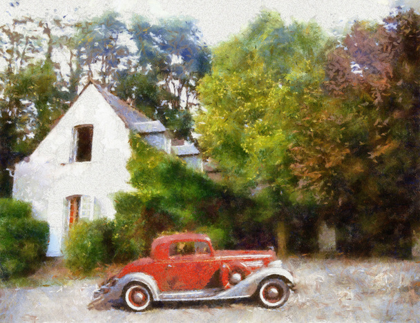 Buick 1934 Sports Coupe parked in front of farm house. Vector - EPS file - Vector, Image