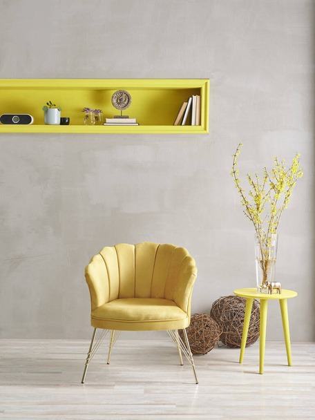 部屋に設定された装飾的な黄色のソファの家具、灰色の石の壁、黄色のニッチと本棚、家の装飾. - 写真・画像