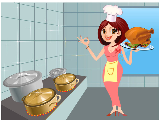 Jeune dame heureuse debout dans la cuisine tout en cuisinant la dinde - Vecteur, image