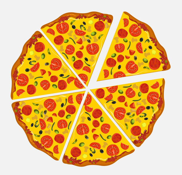 Chutná pepperoni pizza a vaření ingredience rajčata bazalka - Vektor, obrázek