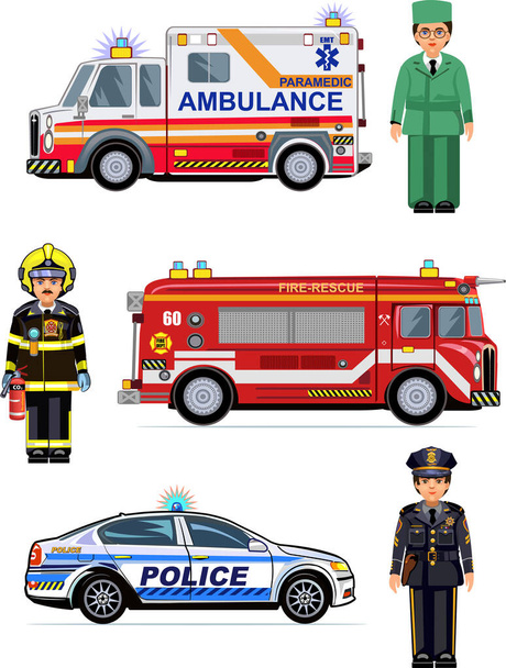 Rescue Vehicles: Fire Engine, Ambulance Cars.  Paramedic and firefighter - Vector, Image