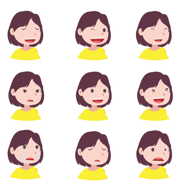 Γυναίκα και διαφορετικές εκφράσεις του προσώπου για να κάνει το σχεδιασμό κίνησης - Διάνυσμα, εικόνα