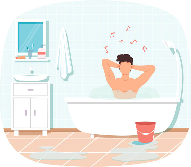 Mies istuu kylpyammeessa kuuman veden kanssa ja tekee musiikkia. Guy rentouttava saunassa ja laulaa lauluja - Vektori, kuva
