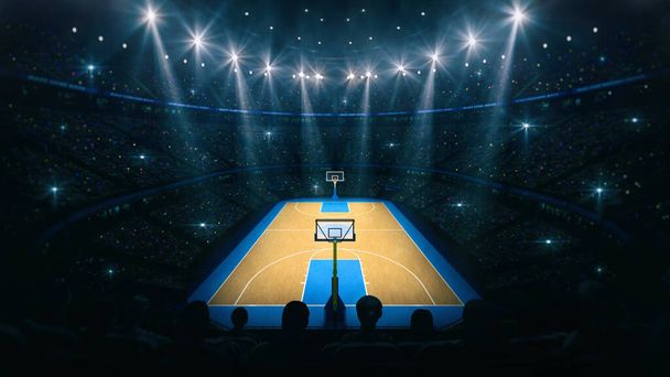 Θέα από την εξέδρα της αρένας μπάσκετ. Εσωτερική άποψη του ξύλινου δαπέδου του γηπέδου μπάσκετ. Ψηφιακή τρισδιάστατη απεικόνιση αθλητικού υποβάθρου. - Φωτογραφία, εικόνα