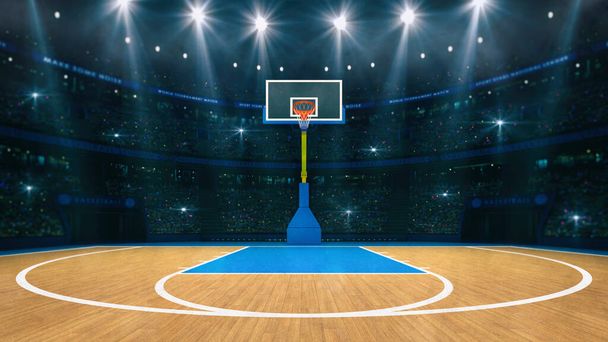 Basketball-Sportarena. Innenansicht zum Holzboden des Basketballfeldes. Basketballkorb Frontansicht. Digitale 3D-Darstellung des sportlichen Hintergrunds. - Foto, Bild