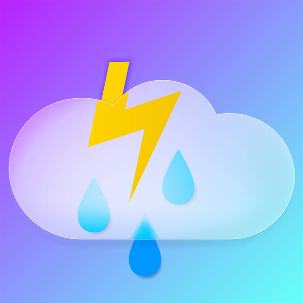 Стеклянный морфизм 3d иллюстрация. Значок векторного неба: солнце, покрытое облаками, капли дождя, молния. Икона для мобильных устройств, мобильных приложений в стиле стеклянного морфизма. - Вектор,изображение