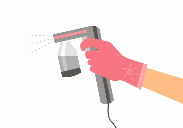 Hand in a pink glove holds a gray spray tan machine. Vector illustration of tanning procedure - Vector, Image
