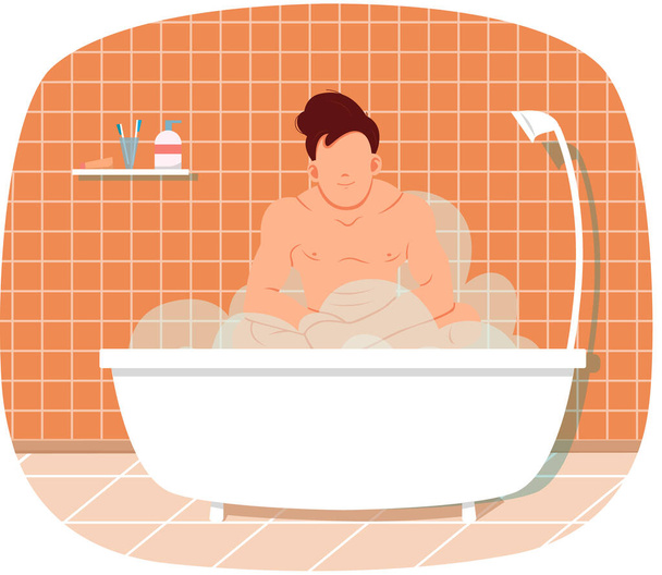 Alaston mies kylvyssä kuuman veden kanssa. Mieshahmo rentouttava kotona sauna höyryllä - Vektori, kuva