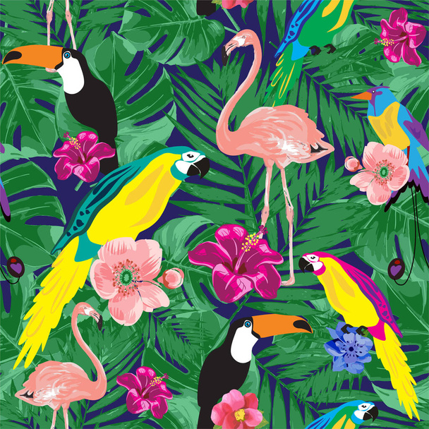 鳥や植物と夏の熱帯のシームレスなパターン。ピンクの背景にエキゾチックな花を咲かせ. - ベクター画像