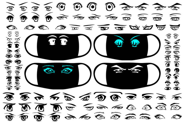 Grande conjunto de diferentes olhos de desenhos animados. Imagens para máscaras médicas e outros fins. Ilustração vetorial. - Vetor, Imagem