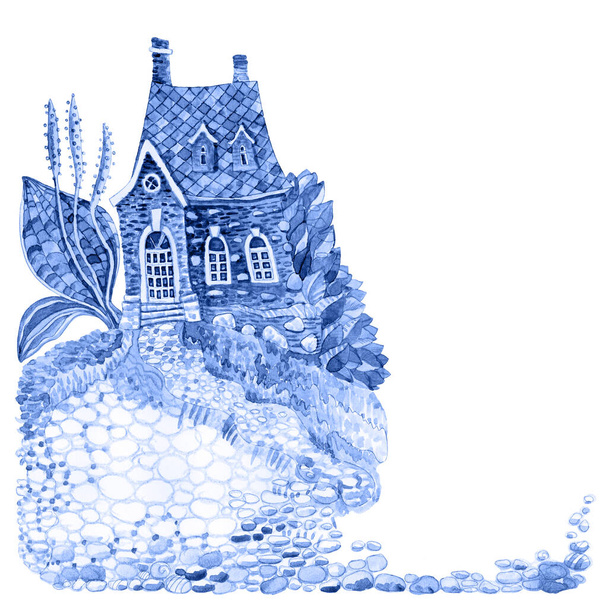 Bajkowy stary wiejski dom i krzak gęsiej trawy. Niebieski obraz akwarelowy na szkicu konturu doodle na białym tle z miejscem na tekst. Druk koszulki, okładka broszury z menu kawiarni - Zdjęcie, obraz