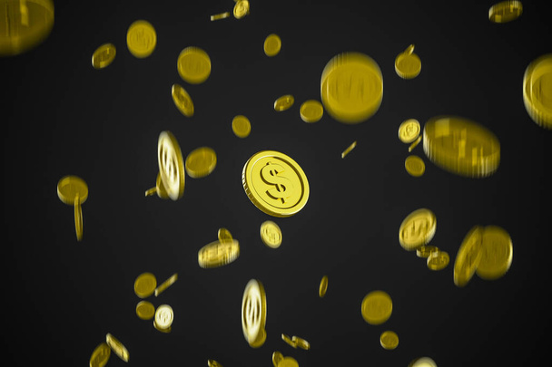 Goldmünze fällt von oben, Geschäftsideen für Finanzen, 3D Rendering. - Foto, Bild