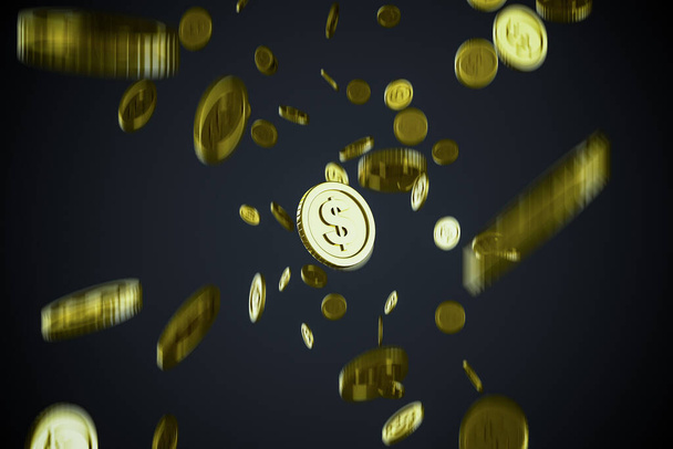 Moneda de oro cae de alto, ideas de negocio para las finanzas, 3D Rendering. - Foto, imagen