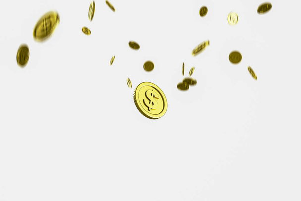 Gouden munt valt van hoog, zakelijke ideeën voor financiën, 3D Rendering. - Foto, afbeelding