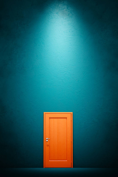 La porte orange avec le mur bleu. Espace de travail pour mise en page. rendu 3D. - Photo, image