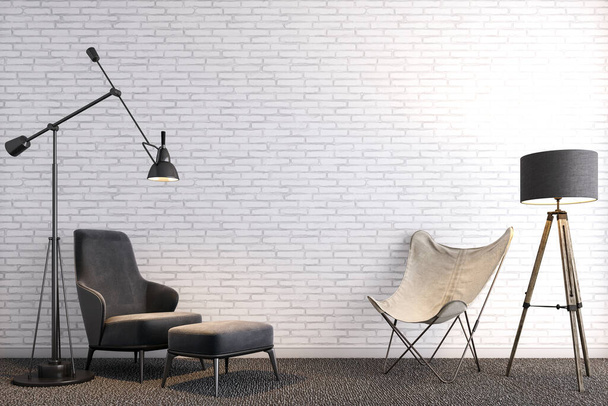 los muebles modernos en frente de la pared de ladrillo blanco. concepto de diseño. - Foto, imagen