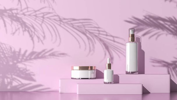 cosmetic bottle mockup on pink stage with tropical plants shadow, abstract mockup for ads branding and product presentation. 3d rendering - Zdjęcie, obraz