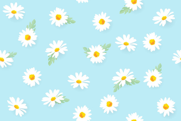 Wektor wzór ilustracji białe stokrotki kwiaty na niebieskim tle. EPS10. - Wektor, obraz