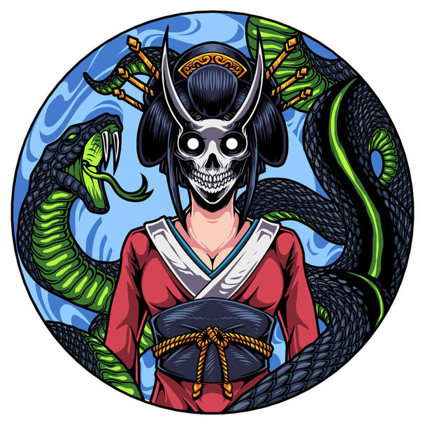 Geisha κεφάλι λογότυπο μασκότ με φίδι - Διάνυσμα, εικόνα
