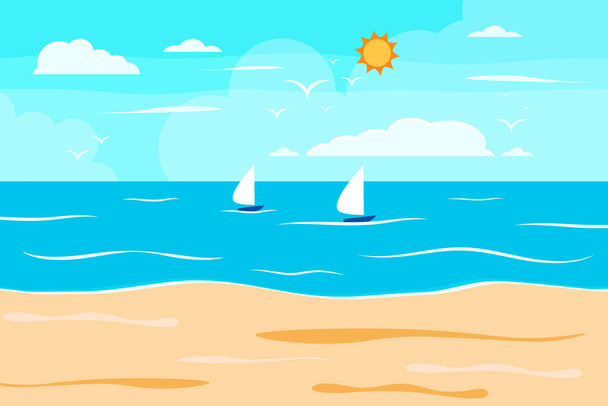 Playa de verano de dibujos animados, vacaciones naturales junto al mar, playa tropical, paisaje costero fondo vector ilustración - Vector, imagen