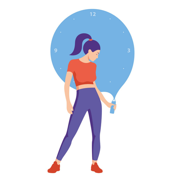Een atletisch meisje met een fles water in haar handen. Drinkregime. Vlak ontwerp. Vectorillustratie - Vector, afbeelding