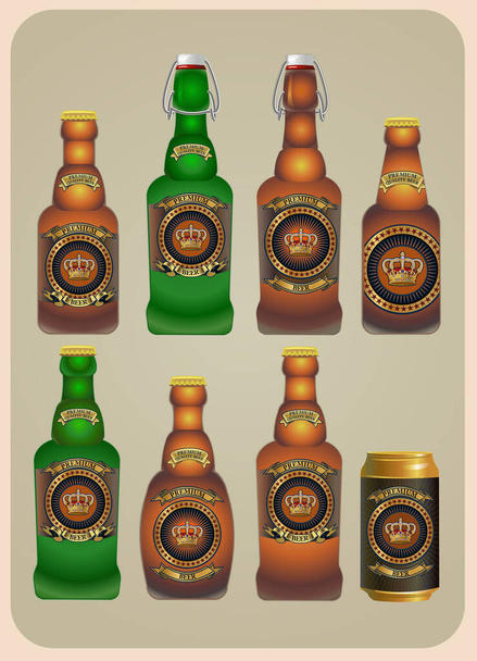 Διαφορετικά είδη μπουκαλιών μπύρας με ετικέτες - Διάνυσμα, εικόνα