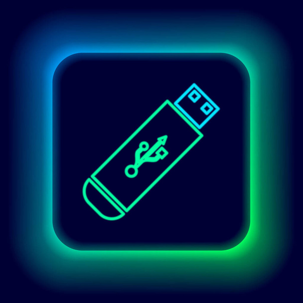 Lumineux néon ligne USB icône de lecteur flash isolé sur fond noir. Concept de contour coloré. Vecteur - Vecteur, image