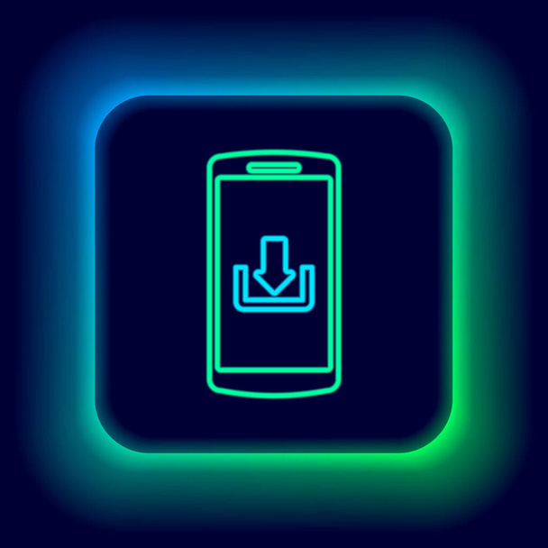 Glowing neon line Smartphone with download icon isolated on black background. Colorful outline concept. Vector - Vector, Image