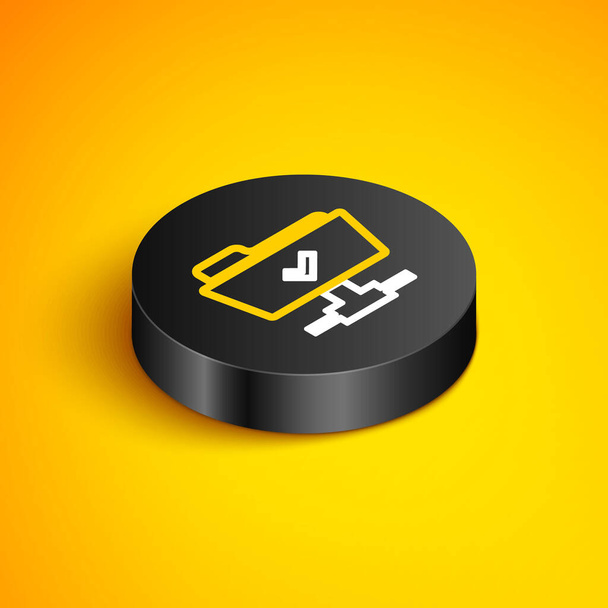 Isometric line FTP operation successful icon isolated on yellow background. Software update, transfer protocol, teamwork tool management, copy process. Black circle button. Vector - Vektör, Görsel