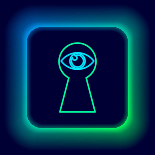 Leuchtende Leuchtschrift Schlüsselloch mit Augensymbol isoliert auf schwarzem Hintergrund. Das Auge blickt ins Schlüsselloch. Schlüsselloch. Buntes Rahmenkonzept. Vektor - Vektor, Bild