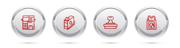 Set line Copy machine, Printer ink cartridge, Stamp and Paper shopping bag. Silver circle button. Vector - Vector, Image