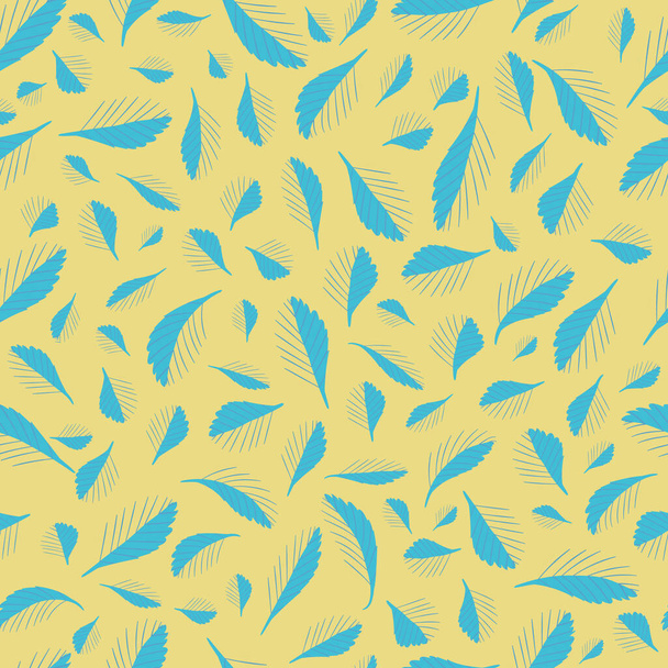 Estilo de impresión mono dispersa hojas diminutas sin costura vector patrón de fondo. Simple lino corte efecto línea arte hoja follaje azul amarillo telón de fondo. Concepto de diseño hecho a mano en casa. Textura repetida - Vector, imagen