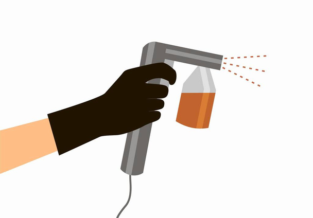 Hand in a black glove holds a gray spray tan machine. Vector illustration of auto tanning procedure - Vector, Image