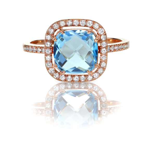piękny niebieski topaz i róża halo Złoty pierścionek z brylantem - Zdjęcie, obraz