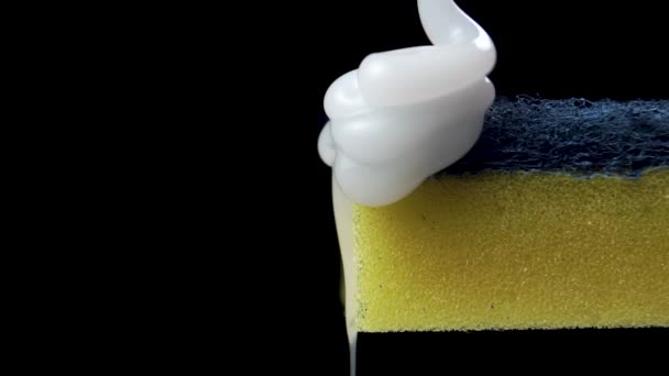 The hygienic washing gel is poured onto the sponge in slow motion. Macro shot. The concept of disinfection and antibacterial processing from virus bacteria - Footage, Video