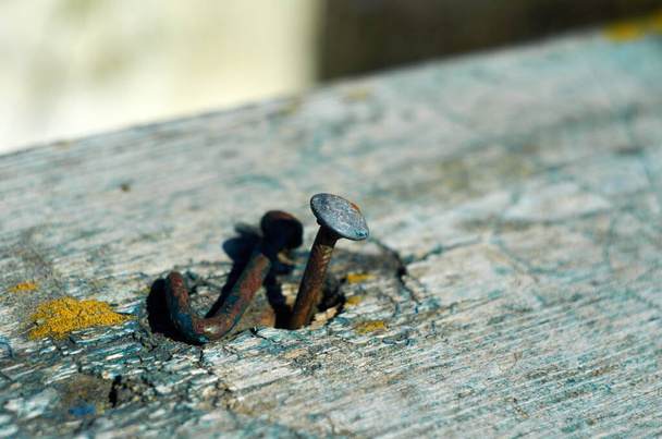 Two rusty nails in old wooden plank close up - Photo, Image