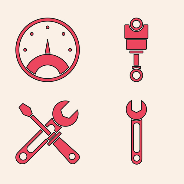 Set Wrench, Speedometer, Engine piston and Screwdriver and wrench tools icon. Vector. - Vector, Image