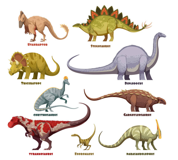 Dinosaurios conjunto de dibujos animados con nombres - Vector, imagen