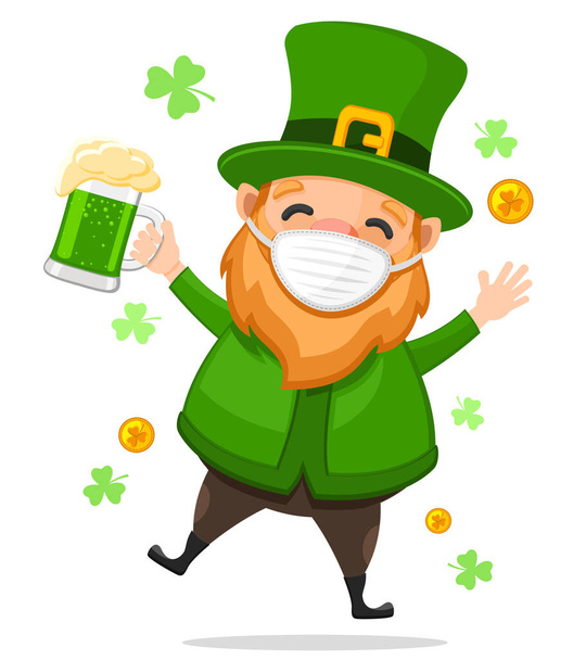 Patrick com uma máscara médica salta feliz com um copo de cerveja verde. Dia de St. Patricks - Vetor, Imagem