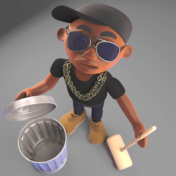 3d Black hip hop rapper in baseball cap cleaning with a trash can and broom, 3d illustration - Photo, Image