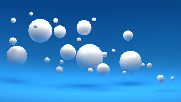 Fondo azul 3d con esferas blancas aleatorias flotando, ilustración 3d - Foto, imagen