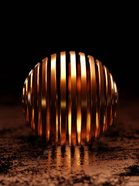3D měděný pás koule na kovové podlaze proti černému pozadí, 3D ilustrace - Fotografie, Obrázek